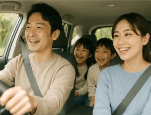 車で外食へ向かう家族画像